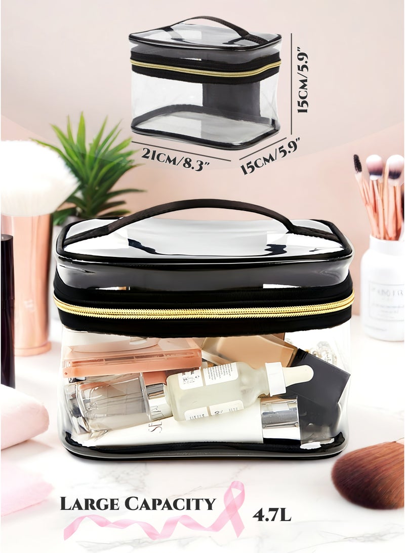 مجموعة حقيبة تجميلية شفافة من 4 قطع، مجموعة منظم مكياج، منظم سفر بسعة كبيرة لمستلزمات النظافة، المكياج والعناية بالبشرة، للاستخدام اليومي، سفر رمضان، هدايا عيد (أسود) - Image 2